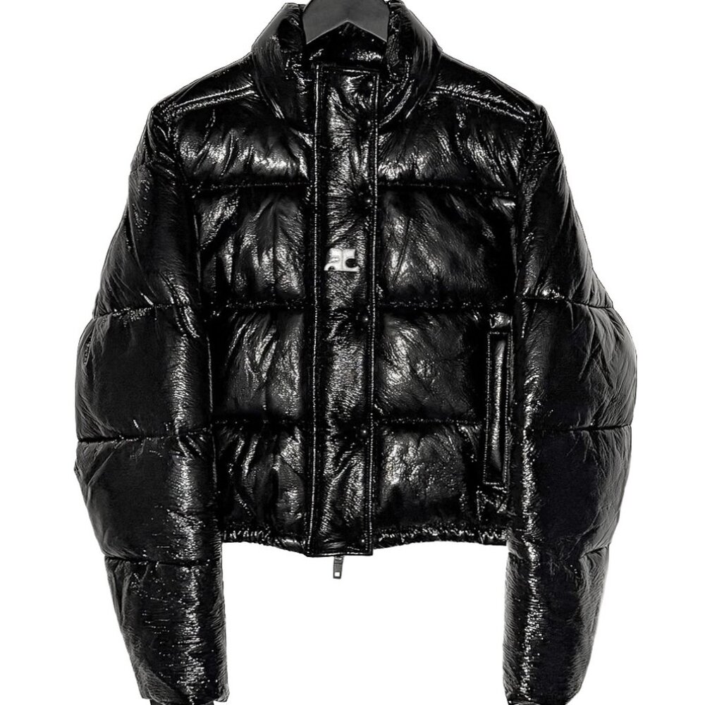 Courrèges Black Vinyl Logo Accent Puffer Jacket